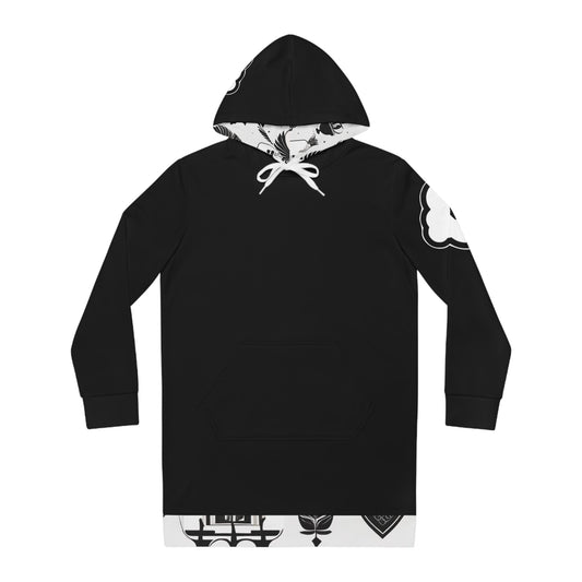 Heart Bubble Hoodie Dress - Cozy Black AOP with Heart Design, Casual Wear, Fashion Statement.